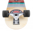 Close-up of a skateboard with a visible brand logo on a white background