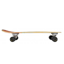 Skateboard with a wooden deck and black wheels on a white background