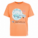 An orange short-sleeve t-shirt featuring a vintage-style graphic of a light blue classic car inside a diamond pattern, with 'Chevrolet' and 'SS' branding printed on the front.