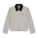 A light beige Dickies work jacket with a black collar, featuring a front zipper, zippered chest pocket, and two diagonal welt pockets on the lower front.