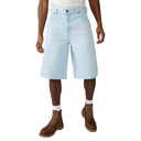 Light blue denim shorts worn by a person on a white background