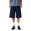 Person wearing blue denim shorts, a striped shirt, white socks, and brown shoes on a white background