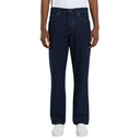 Person wearing dark blue jeans on a white background