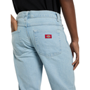 Light blue jeans with a Dickies logo on the pocket against a white background