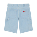 Light blue denim shorts with a brand logo on a white background