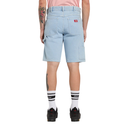 Light blue denim shorts worn by a person on a white background