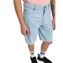 Light blue denim shorts worn by a person on a white background