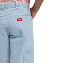 Light blue denim shorts with a Dickies logo on the back pocket against a white background
