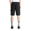 Person wearing black cargo shorts on a white background
