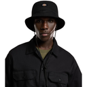 Person wearing a black bucket hat and black jacket on a white background