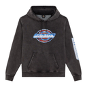 A dark gray washed hoodie featuring a large blue and red circular Dickies logo on the chest and a white logo print on the right sleeve, shown against a plain white background.