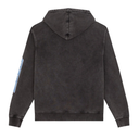 A dark gray washed hooded sweatshirt shown from the back, featuring a light blue graphic print on the left sleeve, set against a plain white background.