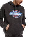A man wearing a dark gray acid-wash pullover hoodie with a vintage-style red, white, and blue Dickies logo on the chest.
