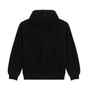 A black hooded sweatshirt shown from the back, featuring a relaxed fit with long sleeves, ribbed cuffs, and a ribbed hem, photographed against a solid white background.