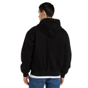 A man viewed from the back wearing a black hooded jacket over a white shirt and blue jeans, set against a plain white background.