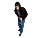 A man wearing a black zip-up hoodie over a red and blue plaid shirt, blue jeans, and brown shoes, posed against a solid white background.