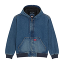 A blue denim zip-up hoodie jacket with a front kangaroo pocket, ribbed cuffs and hem, and a small red Dickies logo patch on the pocket.