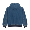 The back view of a blue denim hooded sweatshirt with dark navy ribbed cuffs and hem, shown on a plain white background.