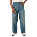 A person wearing medium-wash blue denim jeans with a relaxed straight-leg fit, paired with a white top and white sneakers, shown against a plain white background.