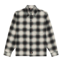A long-sleeve plaid button-up shirt by Dickies, featuring a black, gray, and off-white checkered pattern, a classic collar, and a chest pocket, shown against a plain white background.