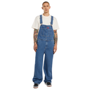Person wearing blue denim overalls on a white background