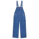 Blue denim overalls on a white background