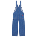 Blue denim overalls on a white background