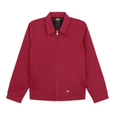 A red zip-up work jacket with a pointed collar, two front hand pockets, and a small Dickies logo patch near the bottom hem, displayed on a clean white background.