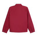 A dark red utility jacket shown from the back, featuring a collar, long sleeves with buttoned cuffs, and snap-button detailing along the bottom hem, displayed on a solid white background.
