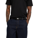 Person wearing a black belt with a visible brand logo on a white background