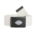 A white woven canvas belt with a black metal buckle featuring the silver and black Dickies logo, shown on a plain white background.