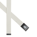 An off-white woven elastic belt with a black plastic buckle featuring a silver circular logo, shown against a plain white background.