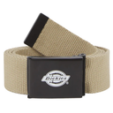 Beige belt with black buckle featuring Dickies logo on a white background