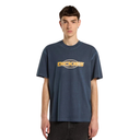 A young man wearing a dark blue Dickies short-sleeve t-shirt with a yellow and white logo on the chest, set against a plain white background.