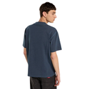 A young man wearing a faded navy blue short-sleeve t-shirt, shown from the back against a plain white background.