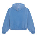 A light blue hooded sweatshirt shown from the back, featuring a ribbed hem and cuffs, photographed against a solid white background.