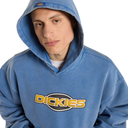 A person wearing a blue hooded sweatshirt with a large yellow and black Dickies logo on the chest, photographed against a plain white background.