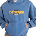 A person wearing a light blue hooded sweatshirt with a large yellow and black Dickies logo across the chest, shown against a plain white background.