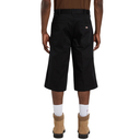 Person wearing black shorts with a visible brand logo on a white background