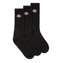 Three black crew socks with the Dickies logo embroidered on the upper calf, arranged in a fan shape against a plain white background.