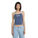Woman wearing a blue tank top with 'Dickies' branding on a white background