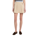 Beige pleated skirt worn by a person on a white background