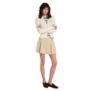 Woman wearing a cream blazer, striped shirt, and beige skirt on a white background
