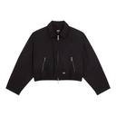 A black cropped zip-up jacket with a pointed collar, long sleeves, and two vertical zippered pockets on the front, shown against a plain white background.
