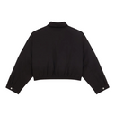 A black cropped jacket with long sleeves, a high mock neck, and buttoned cuffs, shown from the back on a plain white background.