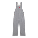 A pair of classic denim work overalls with vertical gray and white stripes, featuring a white mesh V-neck interior and a small red brand patch on the chest.