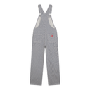Gray and white vertically striped bib overalls with adjustable shoulder straps, front patch pockets, and a small red brand tab on the left pocket, shown flat against a white background.