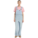 Person wearing light blue denim overalls over a pink shirt on a white background