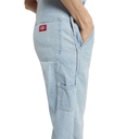 Light blue jeans with a brand logo on the pocket against a white background