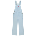 Light blue denim overalls on a white background